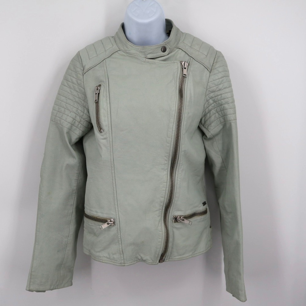 Maison Scotch & Soda Leather Jacket Size M Moto Motorcycle Pale Blue Bikercore